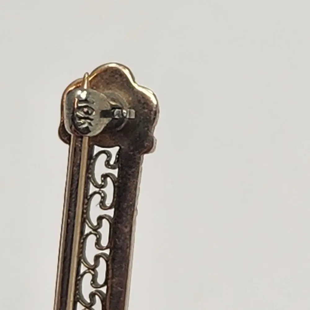 Art Deco Antique 10k White Gold Filigree Bar Pin Brooch Blue Sapphire Edwardian
